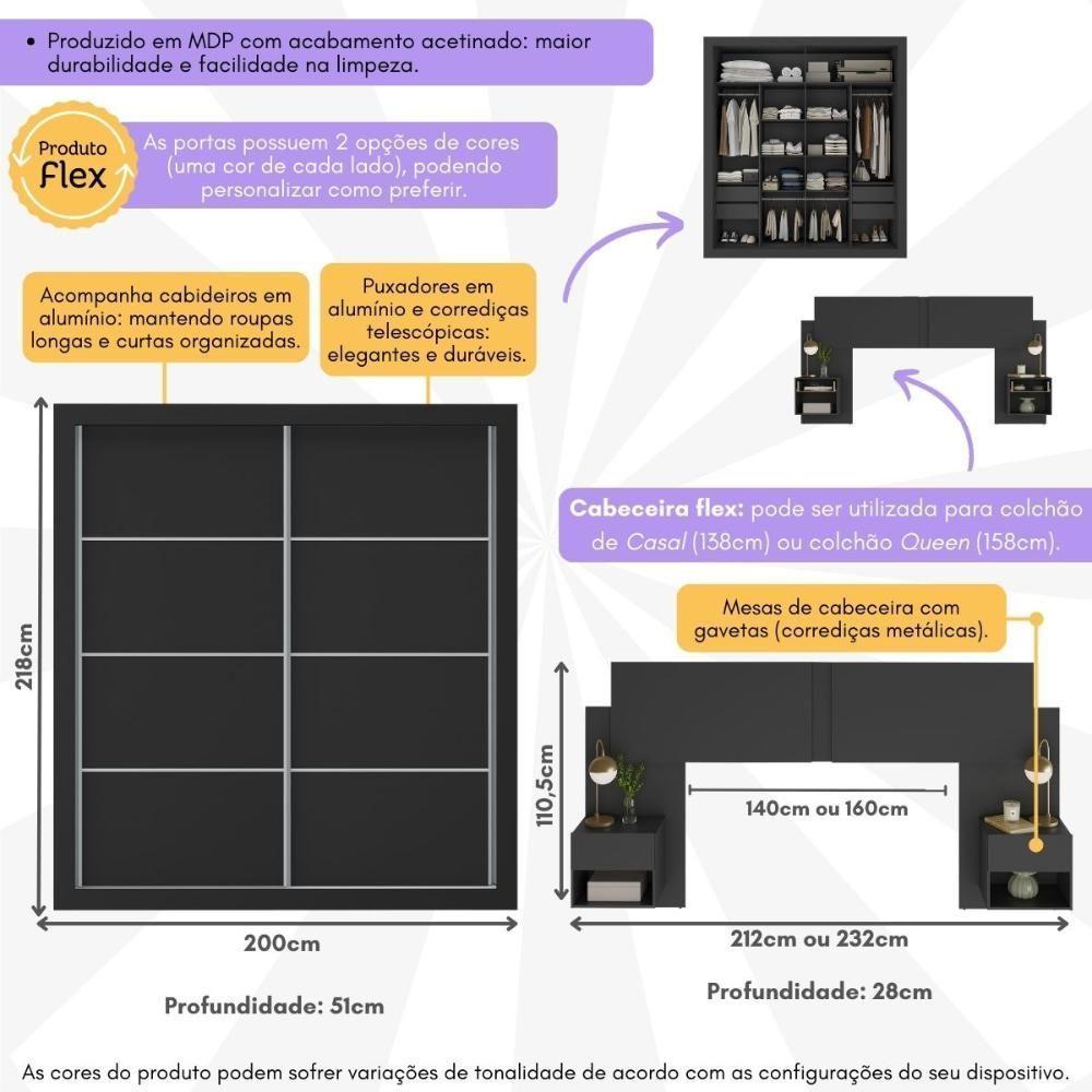 Guarda-roupas Casal E Cabeceira Com 2 Mesas De Cabeceira Multimóveis Mp4337 Preto - 3