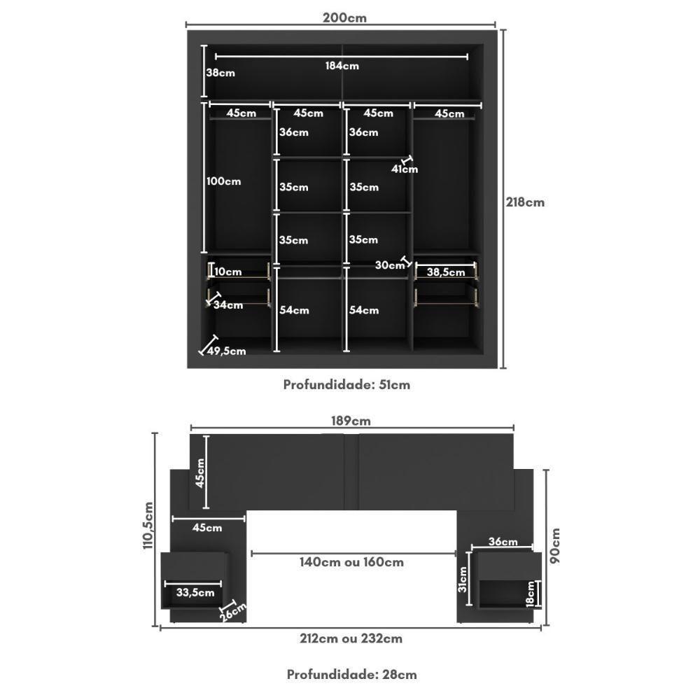 Guarda-roupas Casal E Cabeceira Com 2 Mesas De Cabeceira Multimóveis Mp4337 Preto - 8