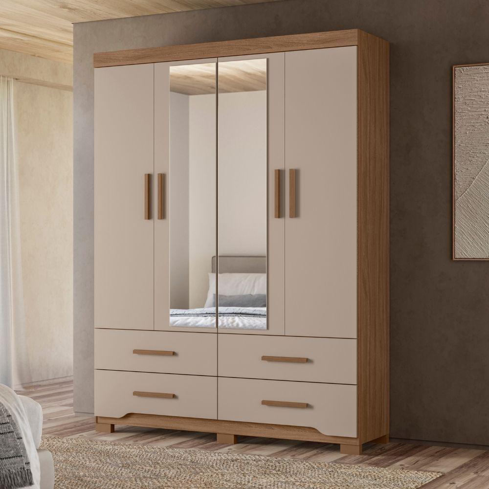 Guarda Roupa Solteiro Miami Com Espelho 4 Portas Carvalho Fendi Moval - 1