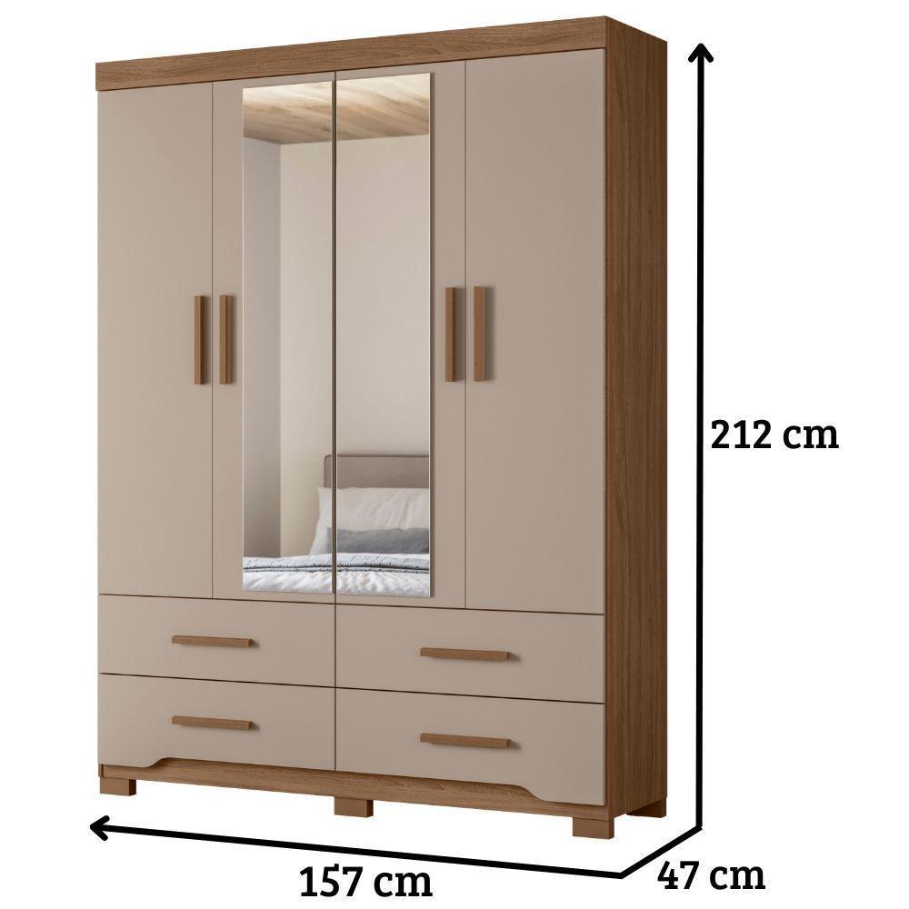 Guarda Roupa Solteiro Miami Com Espelho 4 Portas Carvalho Fendi Moval - 3