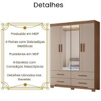 Guarda Roupa Solteiro Miami Com Espelho 4 Portas Carvalho Fendi Moval