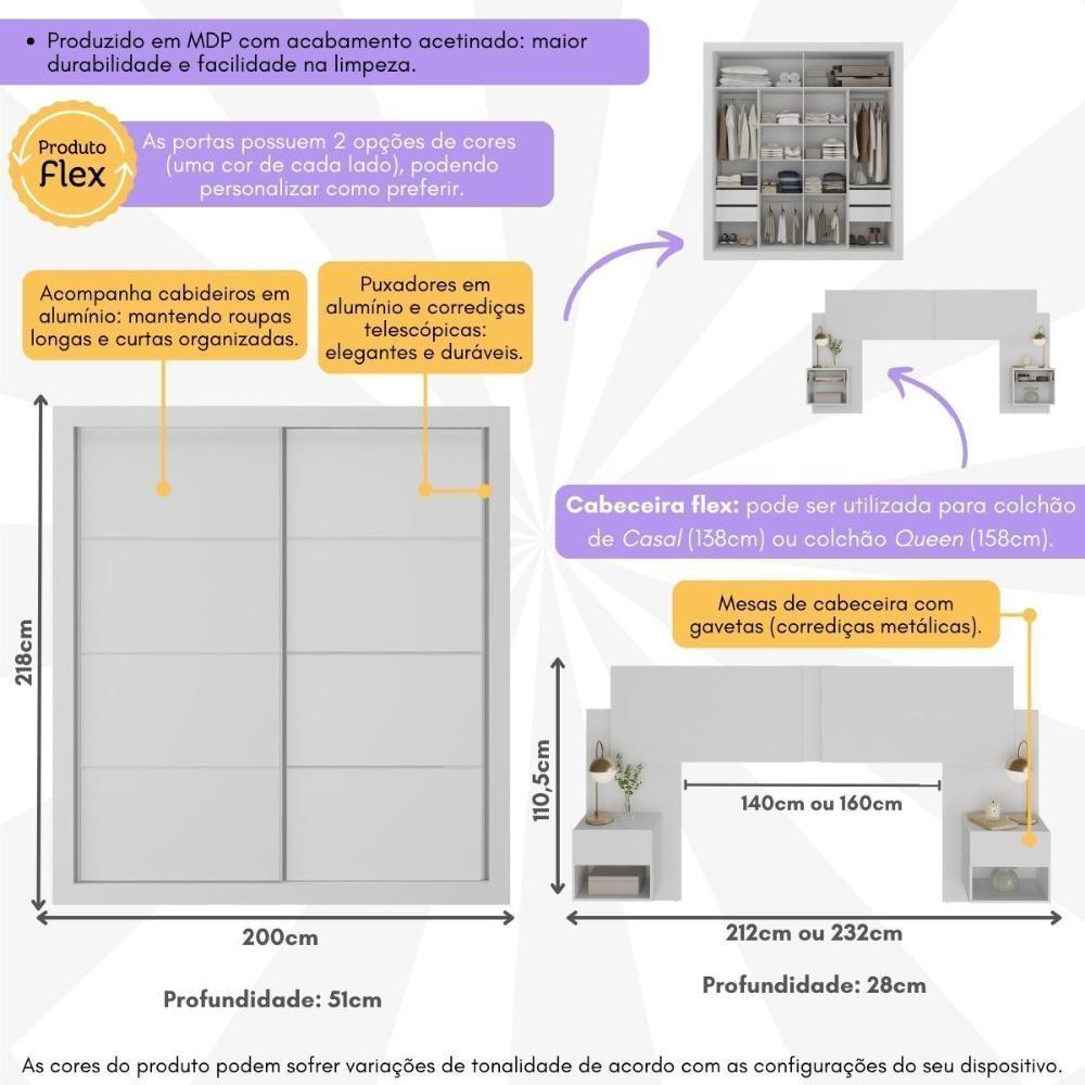 Guarda-roupas Casal E Cabeceira Com 2 Mesas De Cabeceira Multimóveis Mp4337 Branco - 3