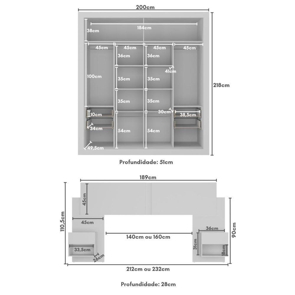 Guarda-roupas Casal E Cabeceira Com 2 Mesas De Cabeceira Multimóveis Mp4337 Branco - 8