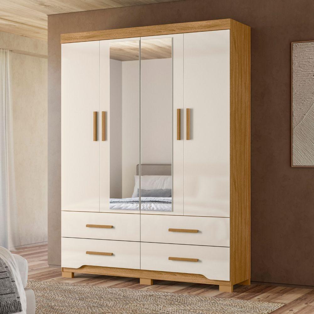 Guarda Roupa Solteiro Miami Com Espelho 4 Portas Freijó Off White Moval - 1