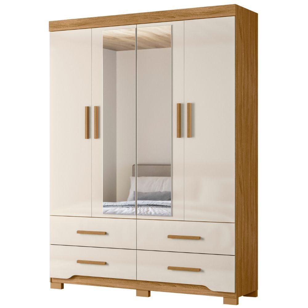 Guarda Roupa Solteiro Miami Com Espelho 4 Portas Freijó Off White Moval - 2