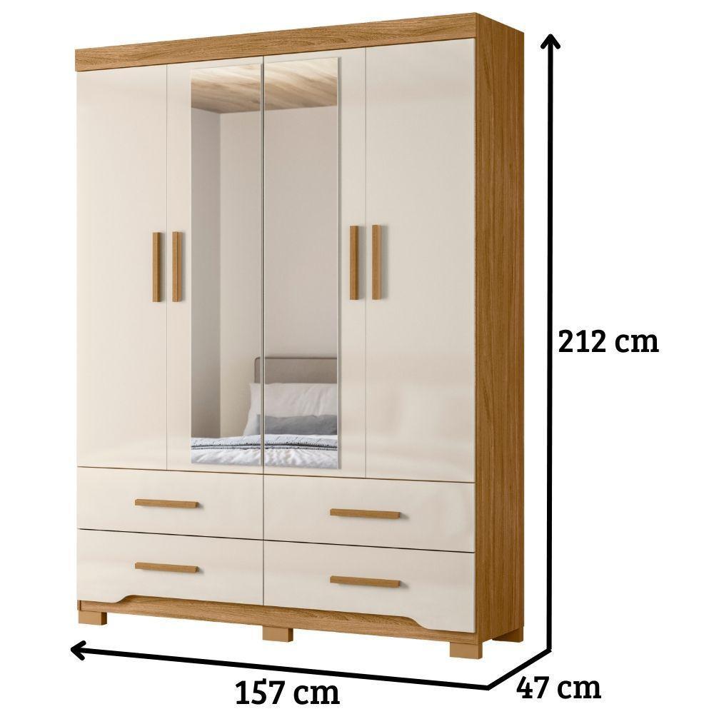 Guarda Roupa Solteiro Miami Com Espelho 4 Portas Freijó Off White Moval - 3