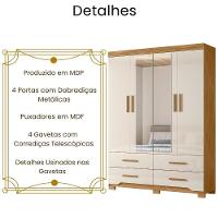 Guarda Roupa Solteiro Miami Com Espelho 4 Portas Freijó Off White Moval