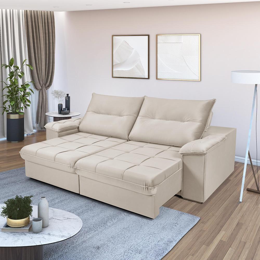 Sofá 4 Lugares Reclinável E Retrátil Dallas 2,50 Pés De Madeira Império Areia 162 - 1