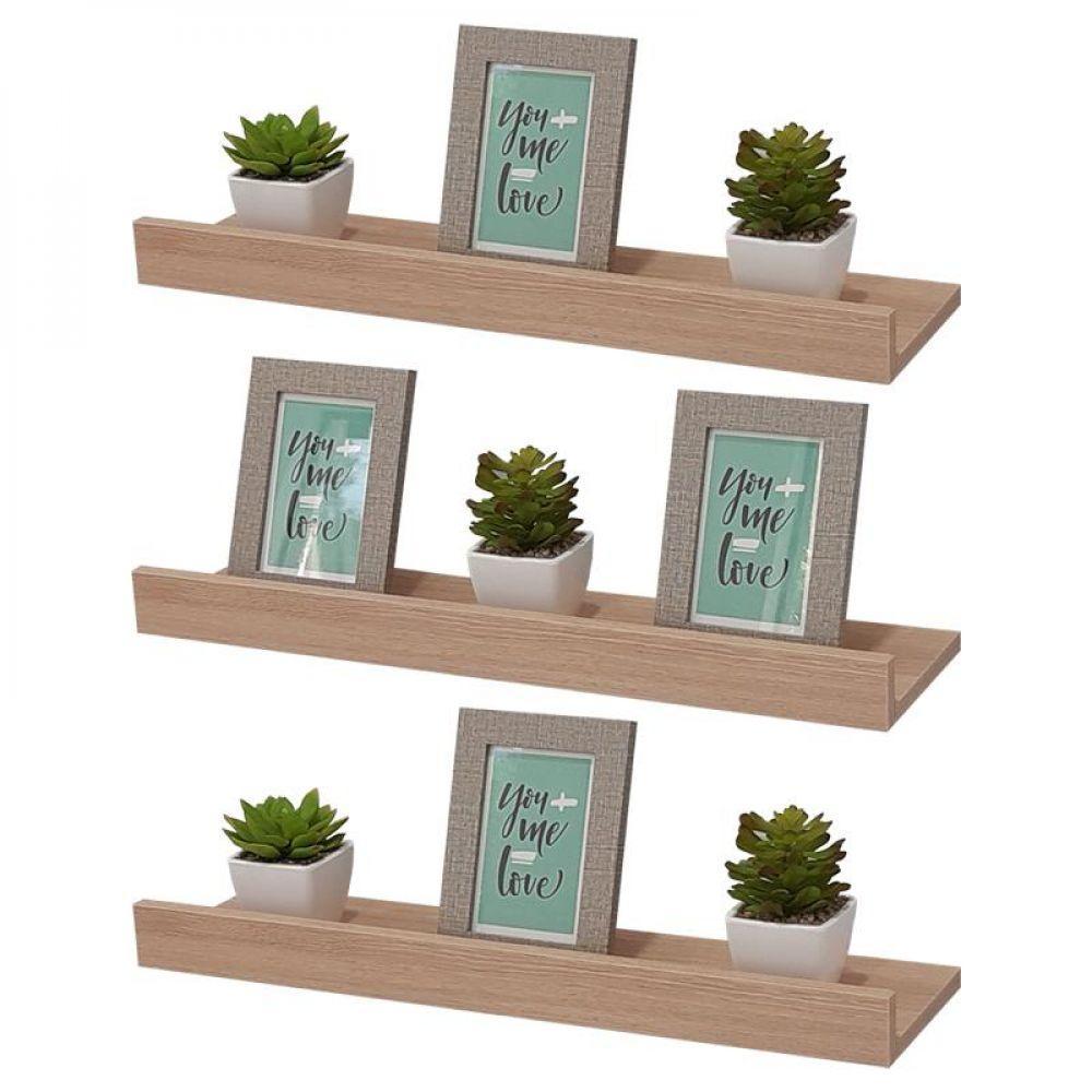 Kit 3 Prateleiras Porta Quadros 70X15cm Carvalho com Suporte - 1