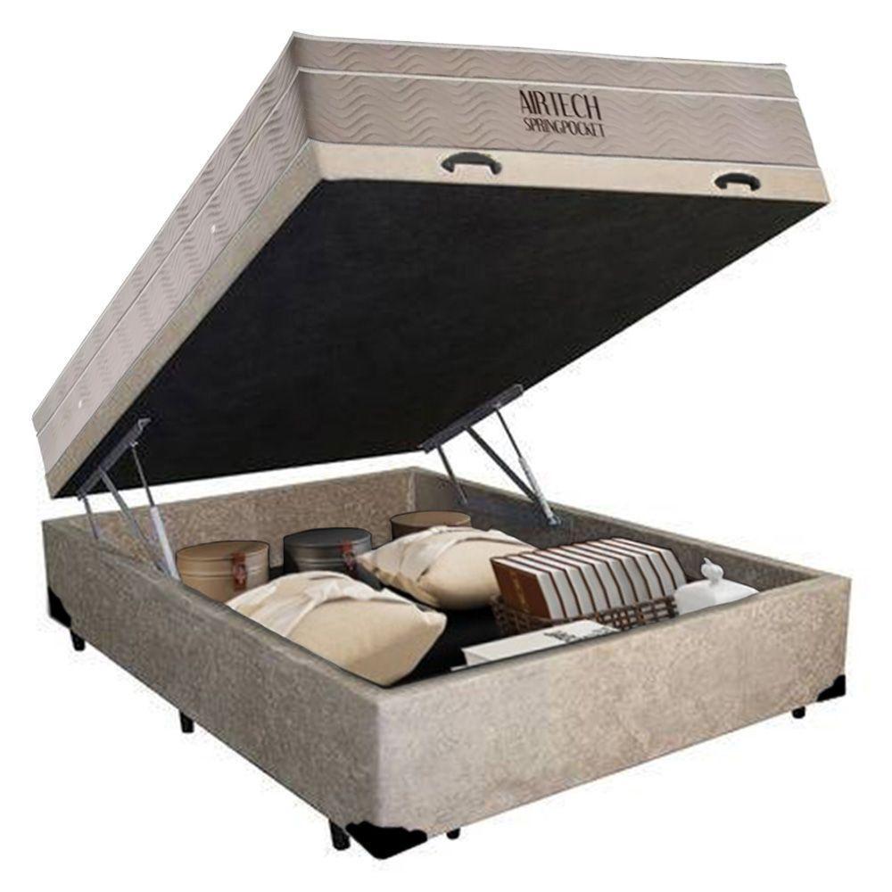 Cama Baú Casal Suede + Colchão Casal Ortobom Airtech Molas Springpocket (65x138x188) Bege - 3