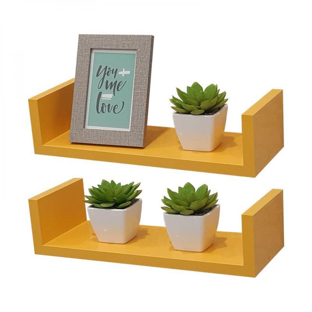 Kit 2 Prateleiras U 40 X 20cm Amarela Suporte Invisível - 1