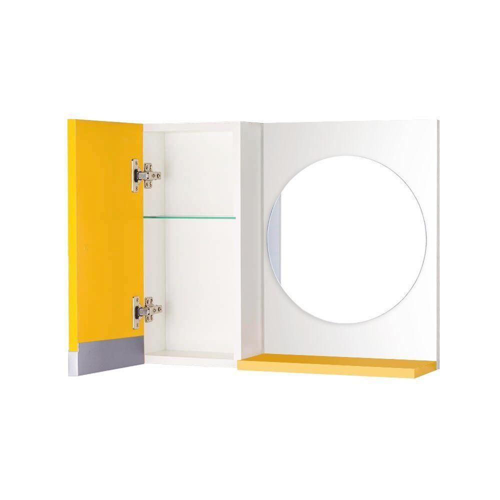 Armário Banheiro com Espelho Redondo Amarelo com Puxador - 4