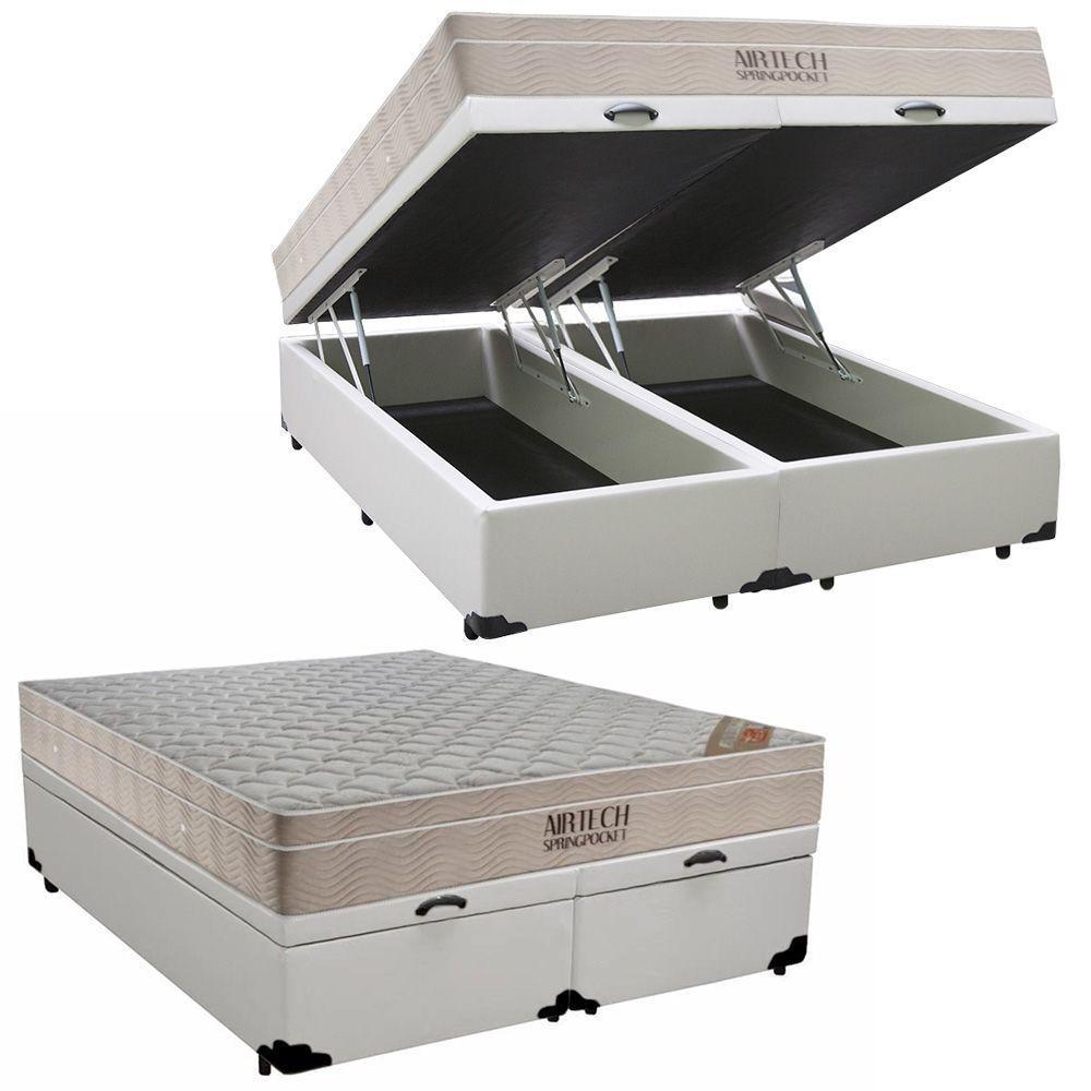 Cama Box Baú King Sintético Bipartido + Colchão Ortobom Airtech Molas Ensacadas 65x193x203 Branco - 1