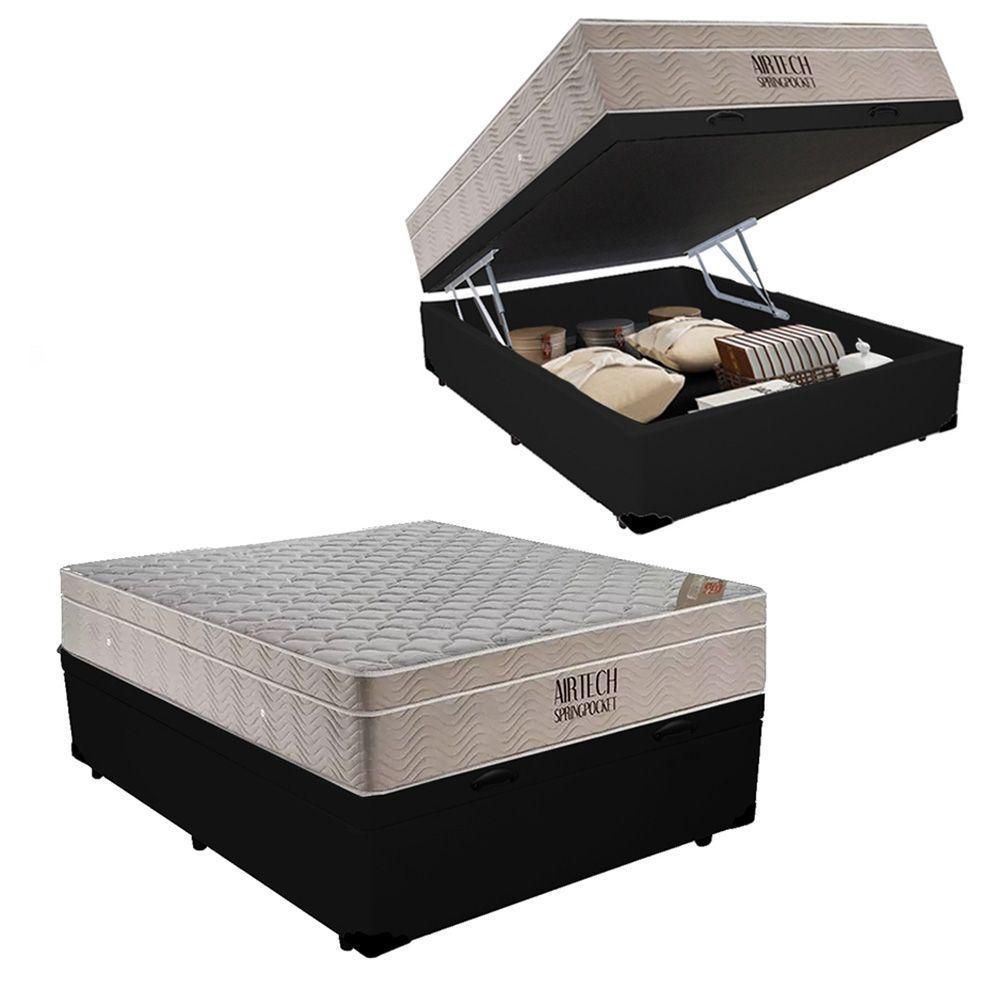 Cama Baú Casal Sintético + Colchão Casal Ortobom Airtech Molas Superpocket (65x138x188) preto - 1