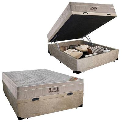 Cama Baú Casal Suede + Colchão Casal Ortobom Airtech Molas Springpocket (65x138x188) Bege