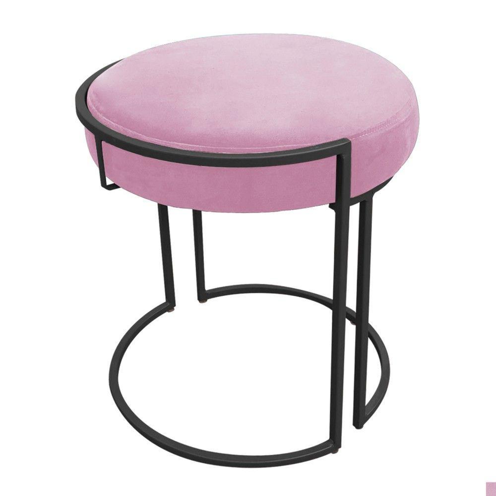 Kit 02 Puff Love Suede Base Preto Rosa Bebê - 4