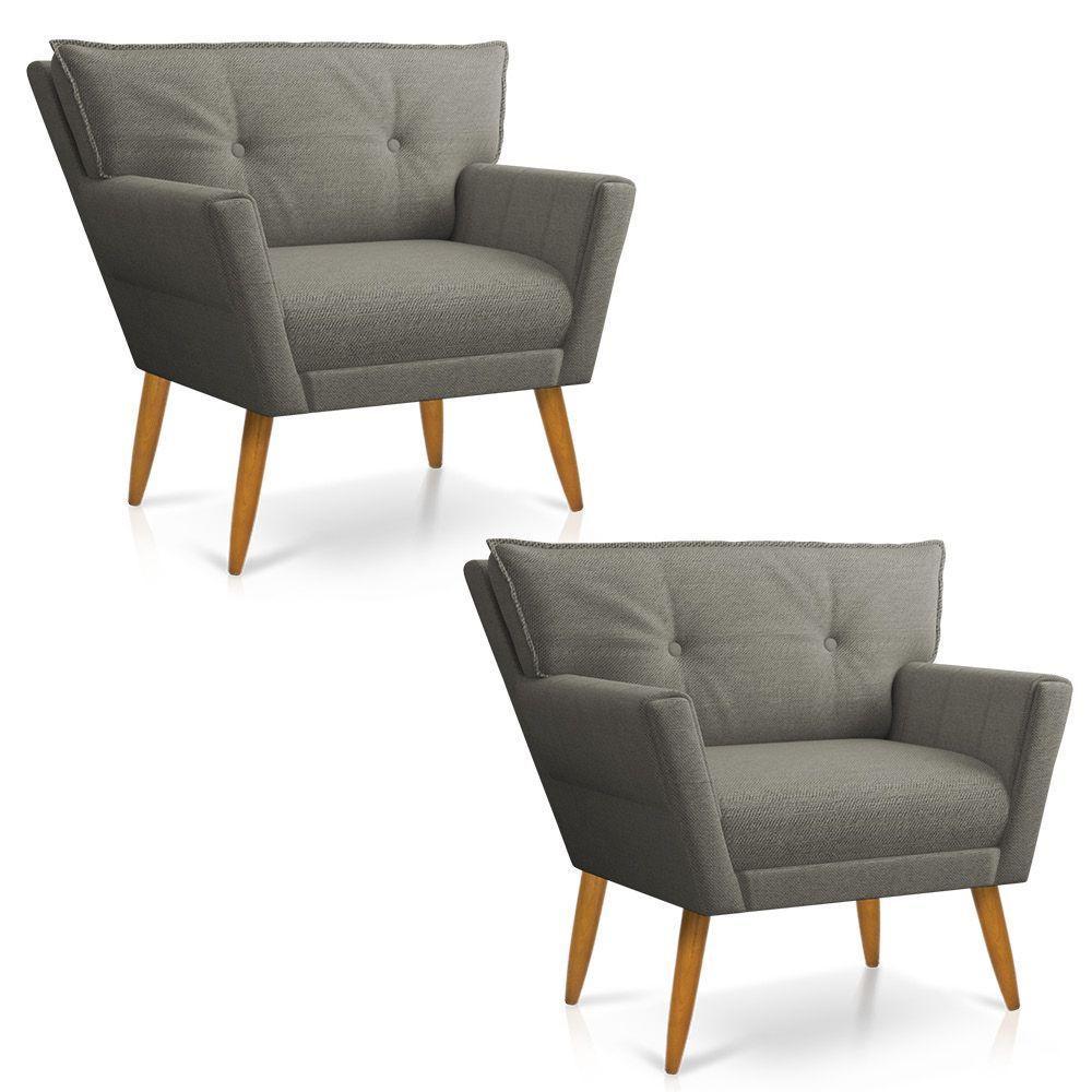 Kit 02 Poltronas Anitta Linho Pés Palito Castanho Cor A26 Grafite - 1