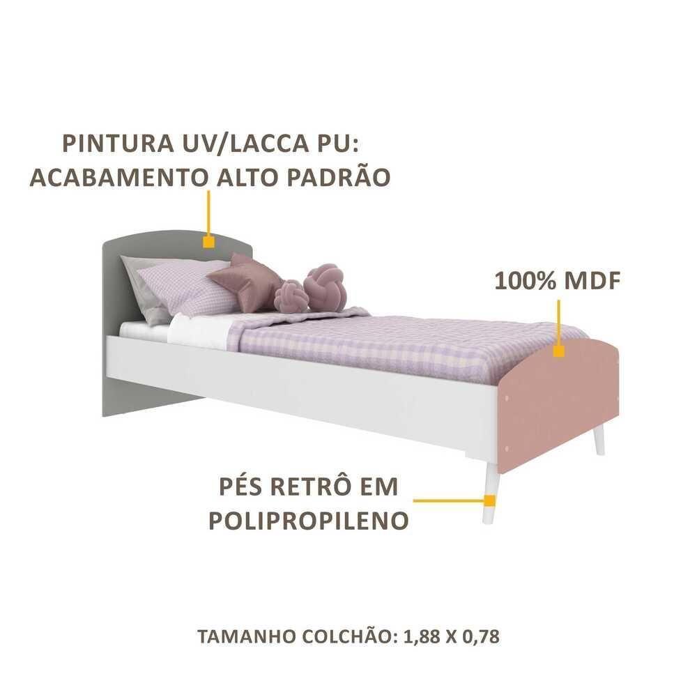 Cama Solteiro Colchão Incluso Mdf Doçura Branco Cinza Rosa - 3