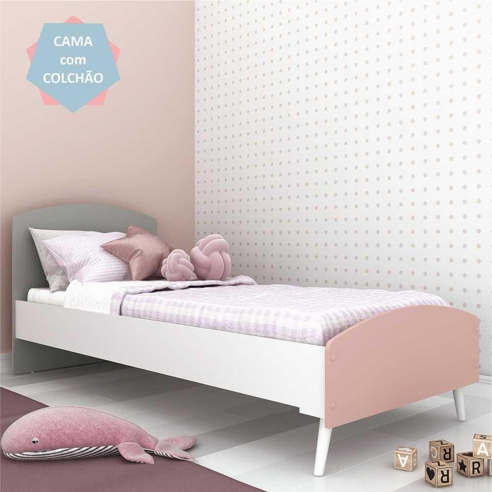 Cama Solteiro Colchão Incluso Mdf Doçura Branco Cinza Rosa - 4