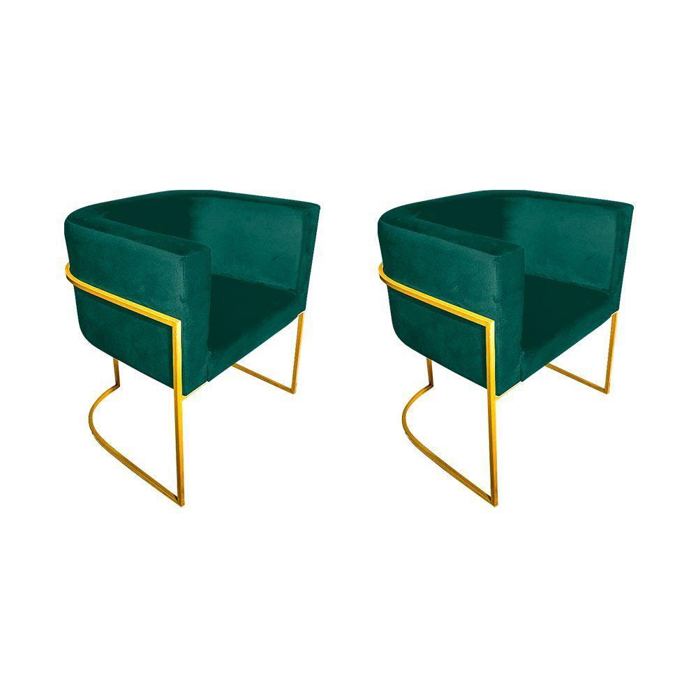 Kit 2 Poltronas Decorativa Sala De Estar Base De Ferro Dourada Veludo Verde - 1