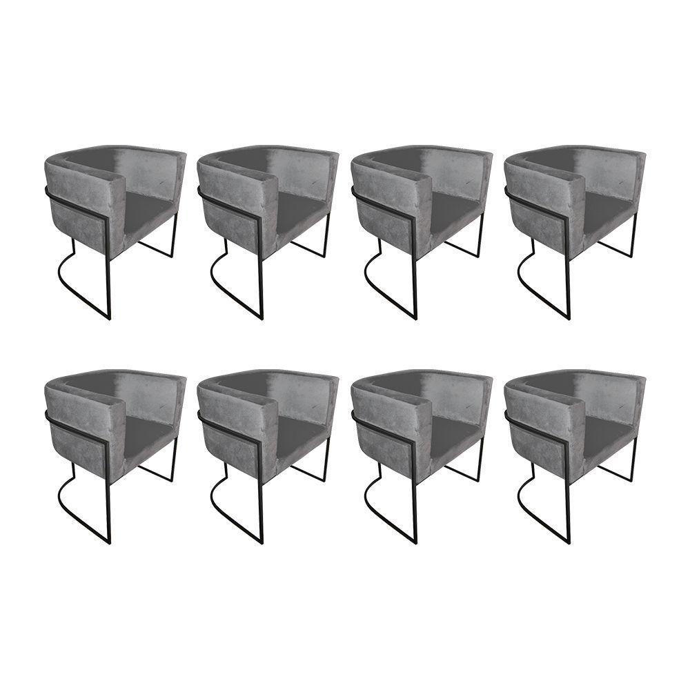 Kit 8 Poltronas Decorativa Sala De Estar Base De Ferro Preta Veludo Cinza - 1