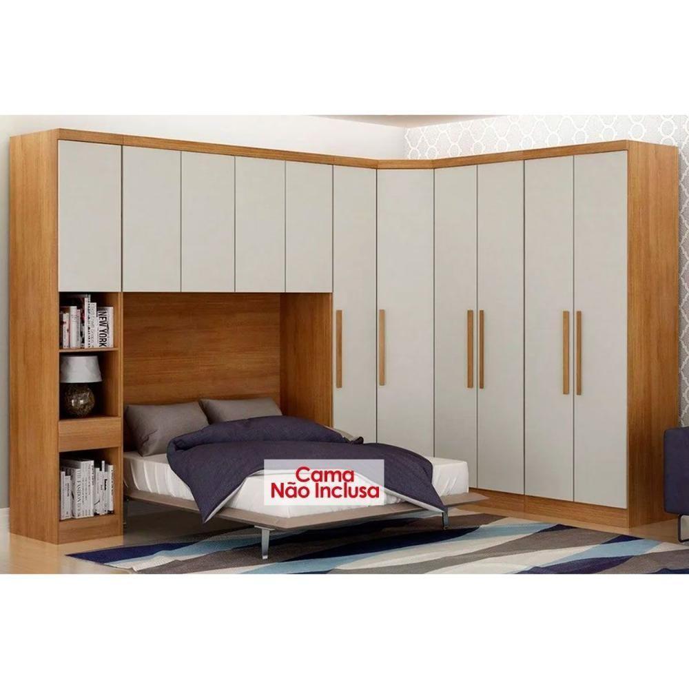 Quarto Casal Completo Rizon-linea 5 Peças (1 Armário Aéreo + 2 Guarda Roupas + 1 Canto Obliquo + 1 Complementos) Qcm110 Cumaru-fendi - 1