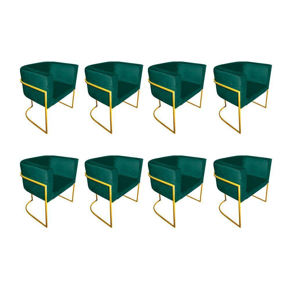 Kit 8 Poltronas Decorativa Sala De Estar Base De Ferro Dourada Veludo Verde - 1