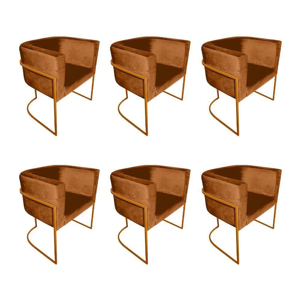Kit 6 Cadeiras De Jantar Premium Base De Ferro Cobre Veludo Terracota Laranja - 1
