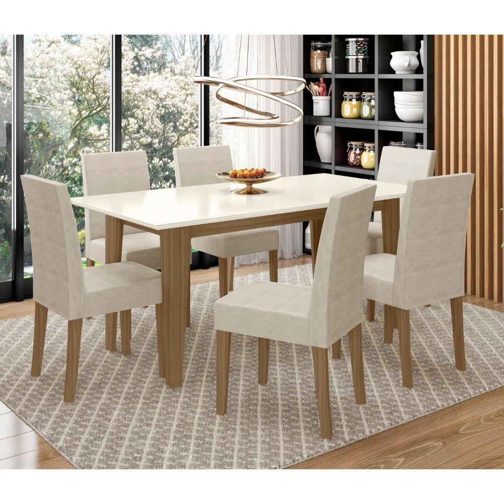 Conjunto Sala De Jantar Retangular Mesa Liz 160cm E 06 Cadeiras Josi Carvalho Com Off White - 1