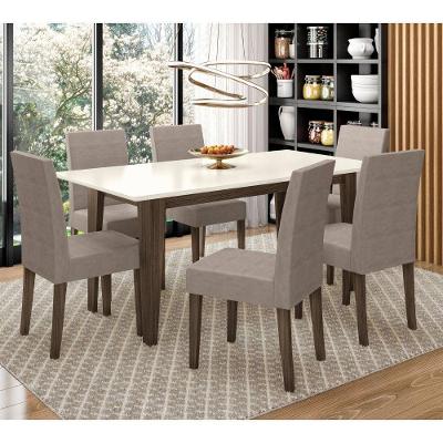 Conjunto de Jantar Liz Josi 6 Lugares Tampo MDP com Cadeiras Suede Amêndoa Off White