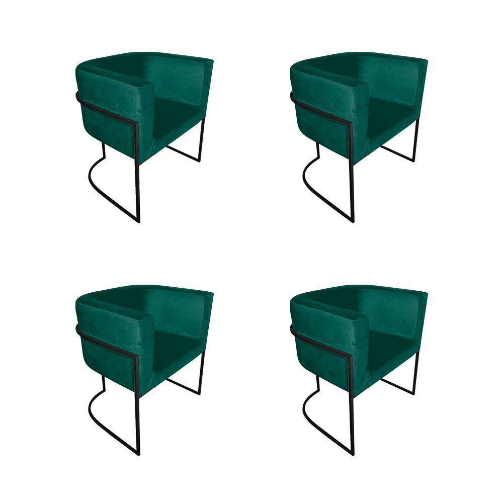 Kit 4 Poltronas Decorativa Sala De Estar Base De Ferro Preta Veludo Verde - 1