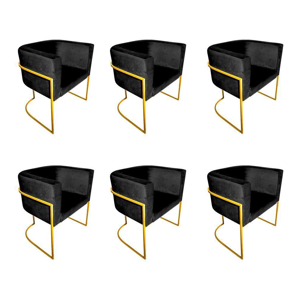 Kit 6 Cadeiras De Jantar Premium Base De Ferro Dourada Veludo Preto - 1
