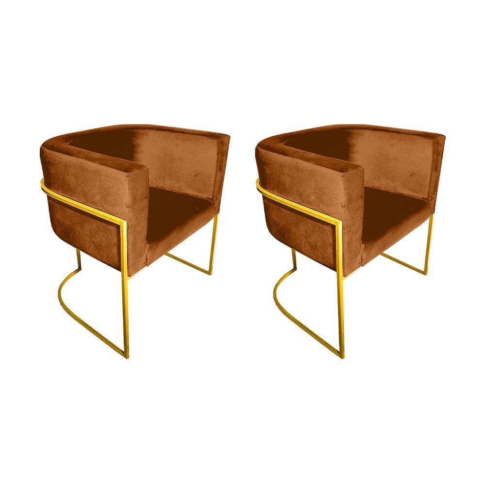 Kit 2 Cadeiras De Jantar Premium Base De Ferro Dourada Veludo Terracota Laranja - 1
