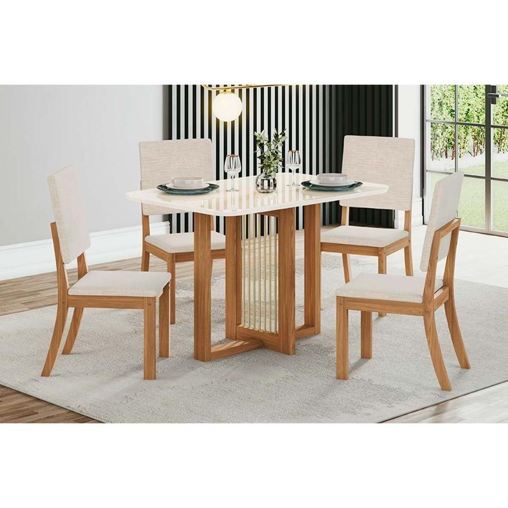 Sala De Jantar Completa Natalí C- Tampo Madeirado C- Vidro Curvo 120x80cm E 4 Cadeiras Milla Nature-veludo Light Linho - Henn - 1