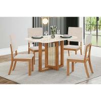 Sala De Jantar Completa Natalí C- Tampo Madeirado C- Vidro Curvo 120x80cm E 4 Cadeiras Milla Nature-veludo Light Linho - Henn - 1