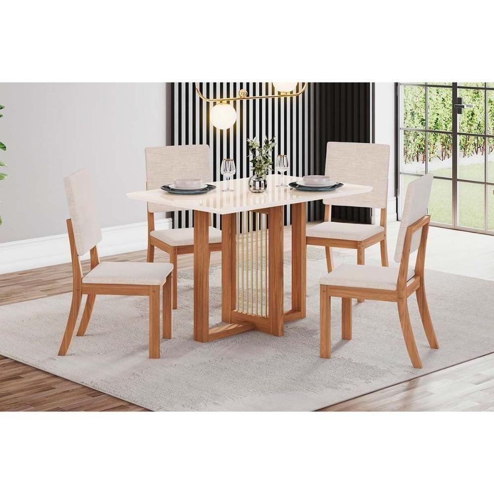 Sala De Jantar Completa Natalí C- Tampo Madeirado C- Vidro Reto 120x80cm E 4 Cadeiras Milla Nature-veludo Light Linho - Henn - 1