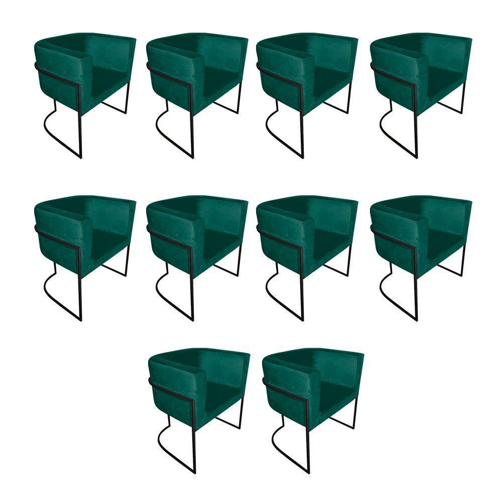 Kit 10 Poltronas Decorativa Sala De Estar Base De Ferro Preta Veludo Verde - 1