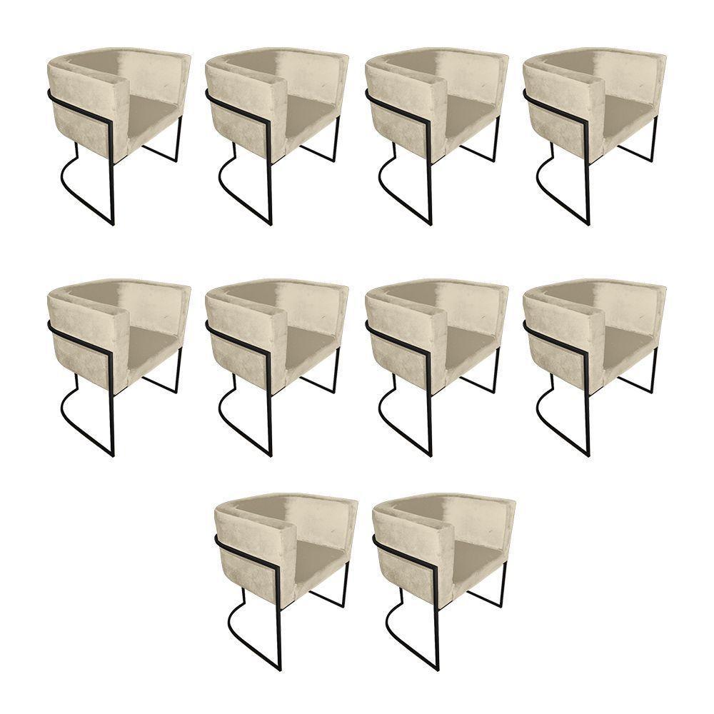 Kit 10 Poltronas Decorativa Sala De Estar Base De Ferro Preta Veludo Bege - 1