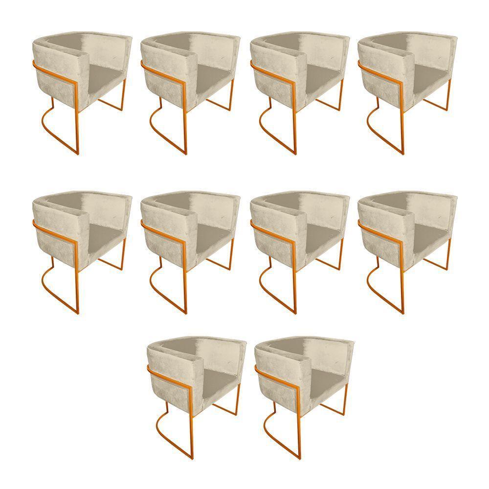 Kit 10 Poltronas Decorativa Sala De Estar Base De Ferro Cobre Veludo Bege - 1