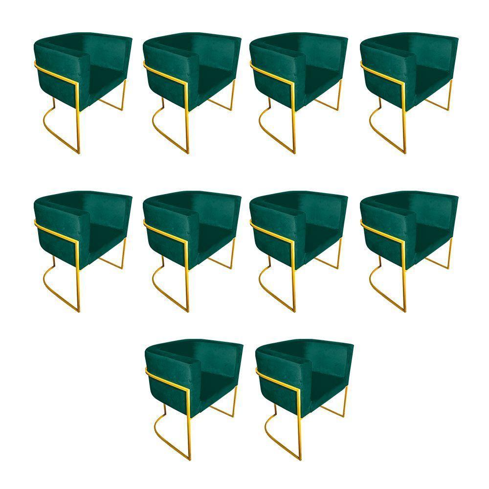 Kit 10 Cadeiras De Jantar Premium Base De Ferro Dourada Veludo Verde - 1