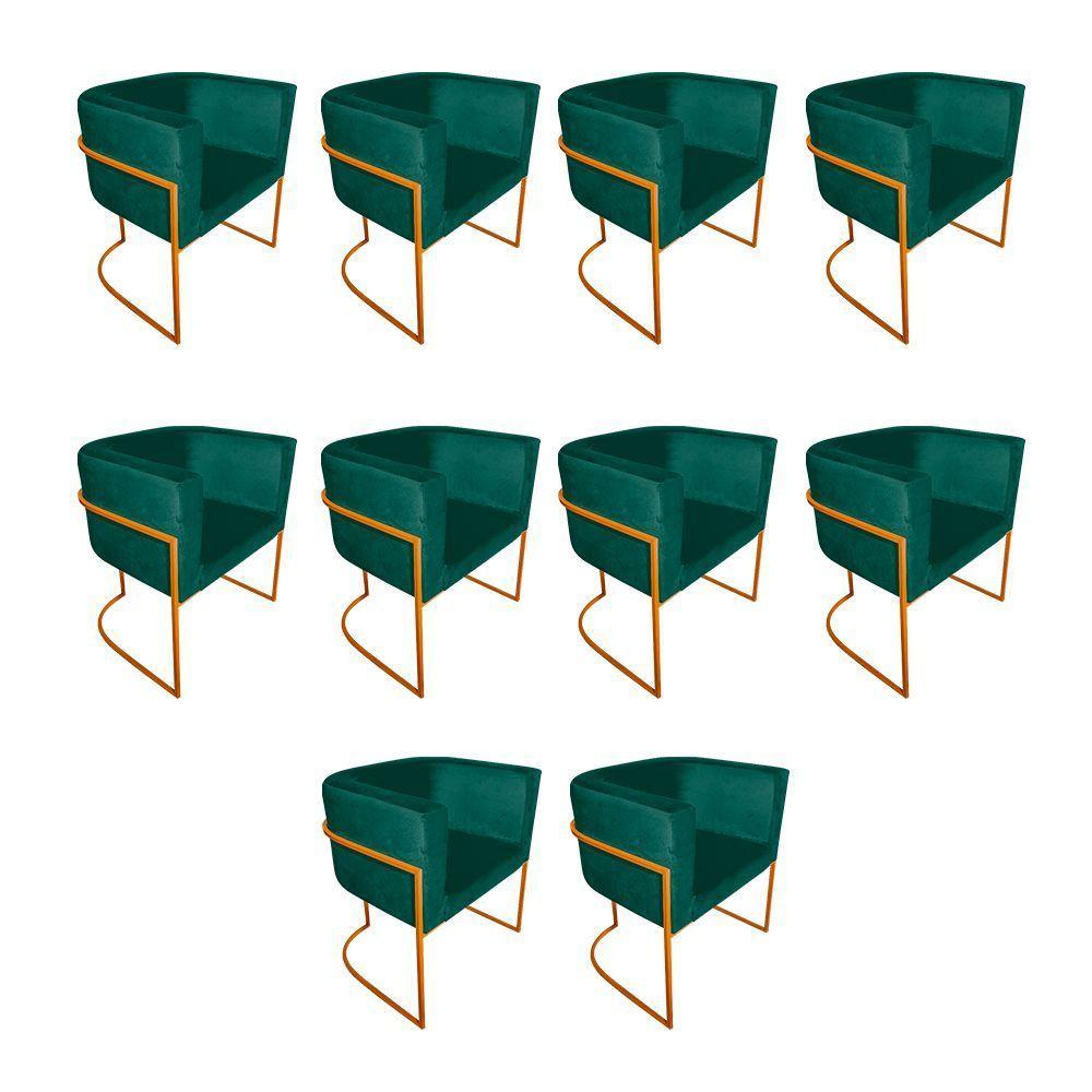 Kit 10 Poltronas Decorativa Sala De Estar Base De Ferro Cobre Veludo Verde - 1