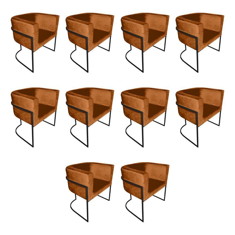 Kit 10 Poltronas Decorativa Sala De Estar Base De Ferro Preta Veludo Terracota Laranja - 1