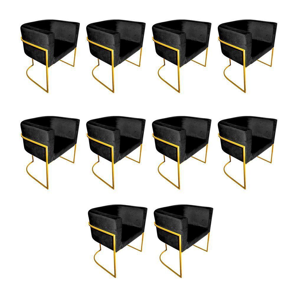 Kit 10 Poltronas Decorativa Sala De Estar Base De Ferro Dourada Veludo Preto - 1