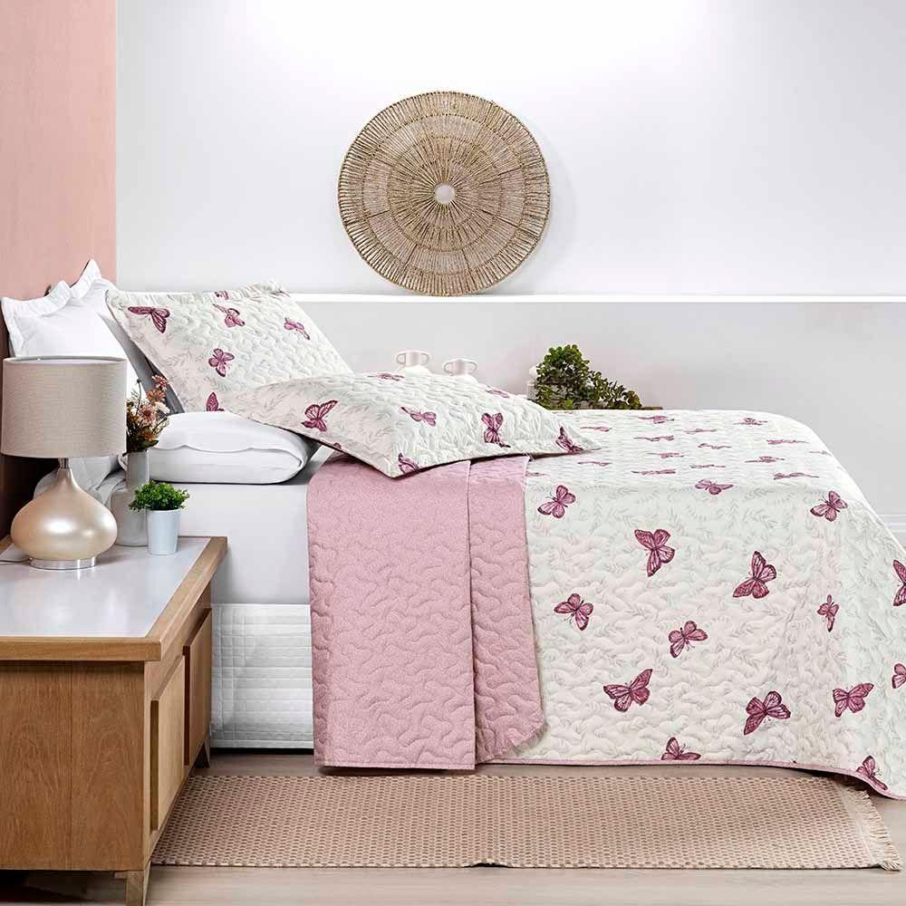 Kit Cobre Leito Colcha Júlia Queen 3 Peças Micropercal 200 Fios Dupla Face Estampado - Borboleta - 1