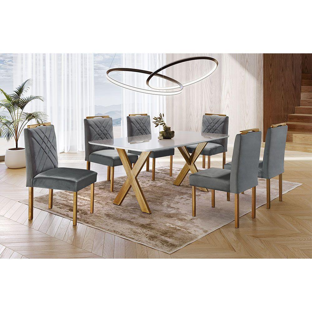 Sala de Jantar com 6 Lugares Mesa Tampo de Vidro Móveis Mundial Mel/Off White/Cinza Profundo - 1