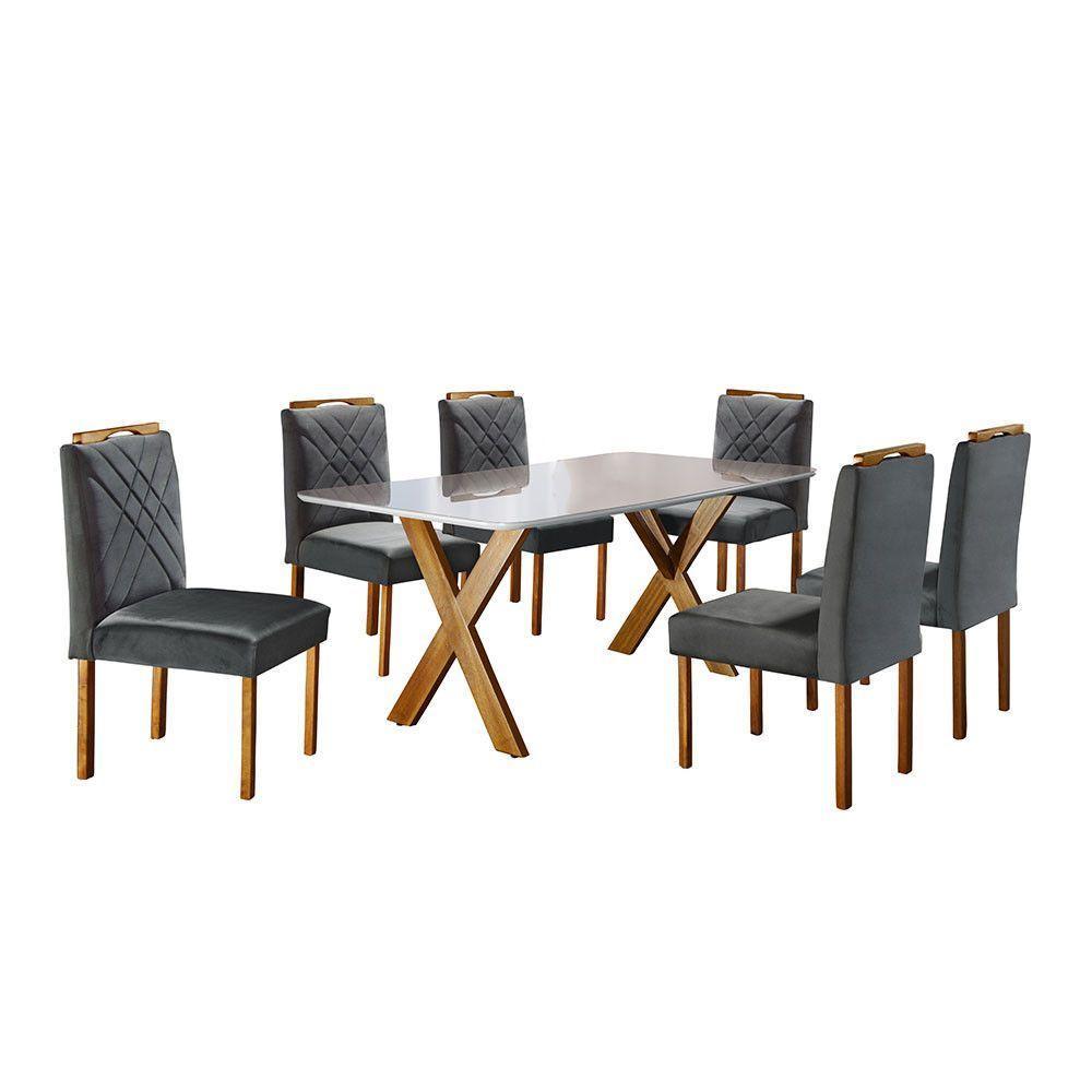 Sala de Jantar com 6 Lugares Mesa Tampo de Vidro Móveis Mundial Mel/Off White/Cinza Profundo - 2