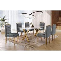 Sala de Jantar com 6 Lugares Mesa Tampo de Vidro Móveis Mundial Mel/Off White/Cinza Profundo - 1