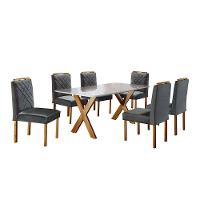 Sala de Jantar com 6 Lugares Mesa Tampo de Vidro Móveis Mundial Mel/Off White/Cinza Profundo - 2