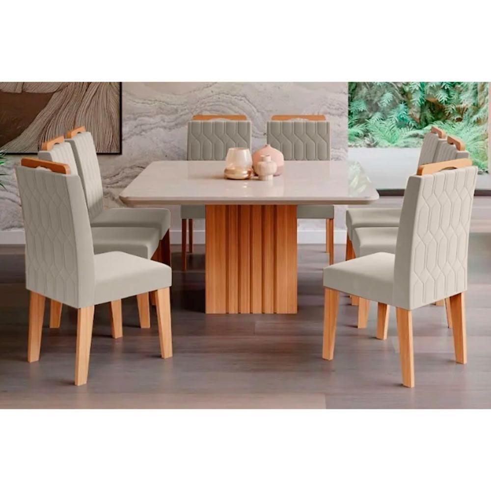 Sala De Jantar Completa Ana C- Tampo Madeirado C- Vidro 130x130cm E 8 Cadeiras Paola Savana-nature-madeirado-suede Nude Bege - Cimol - 1