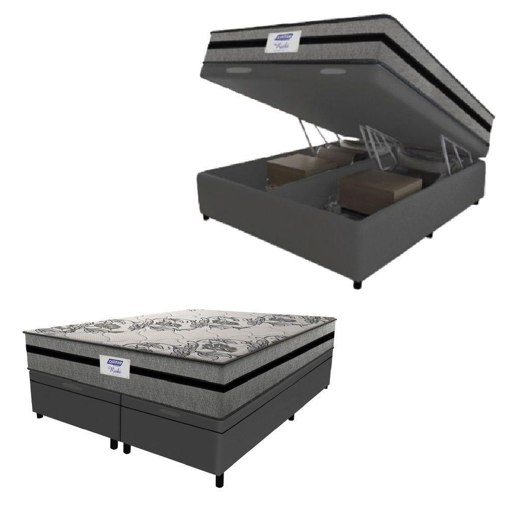 Cama Box Baú Casal King Colchão Gazin com Molas Ensacadas Rubi 193x203x73cm Suede Cinza/Preto - 1